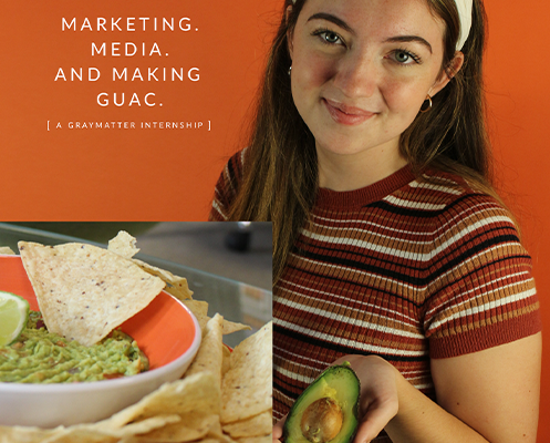Hope Thompson, a teen, smiling at the camera with an avocado. On the left is an image of guacamole and chips